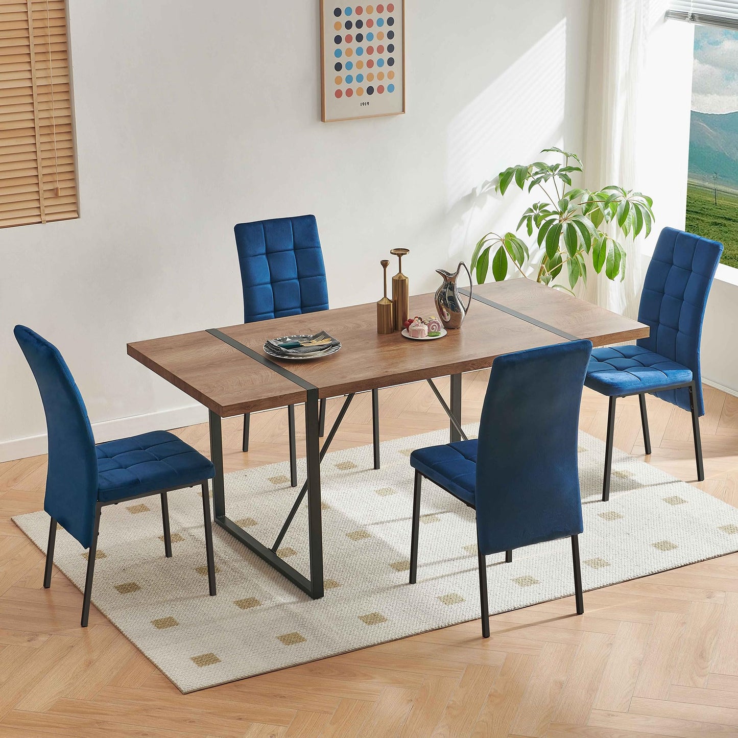 7 PCS Dining Room Table Set, 66" Large Kitchen Table Chairs Velvet Upholstered Chairs