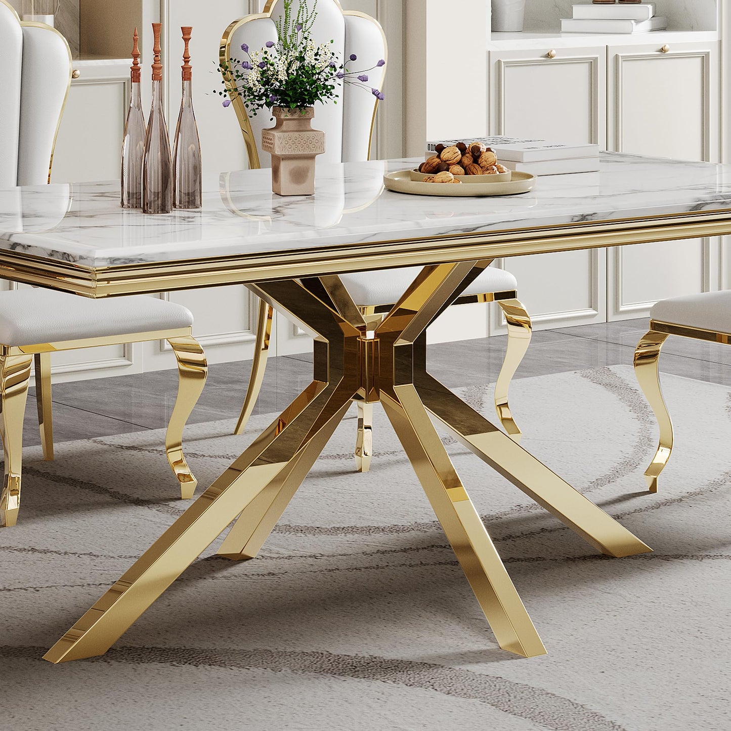 70 Inch White Marble Kitchen Table with Gold Mirrored Cabriole Legs