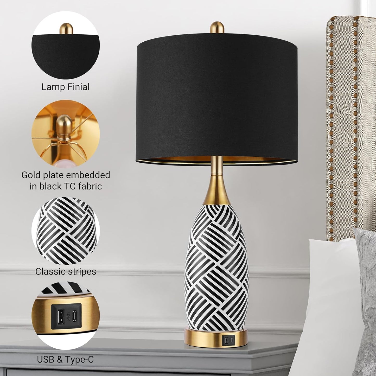 25.5" Touch Control Black and Gold Lamp,3-Way Dimmable