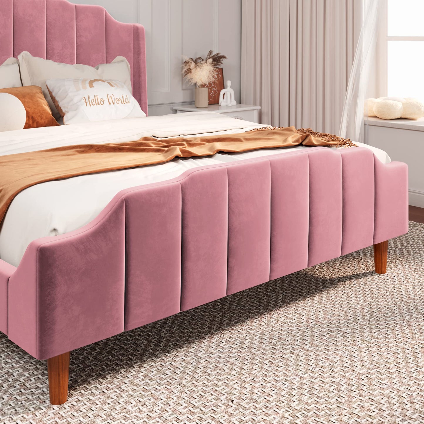 Velvet Upholstered Platform Bed with Vertical Headboard and Footboard