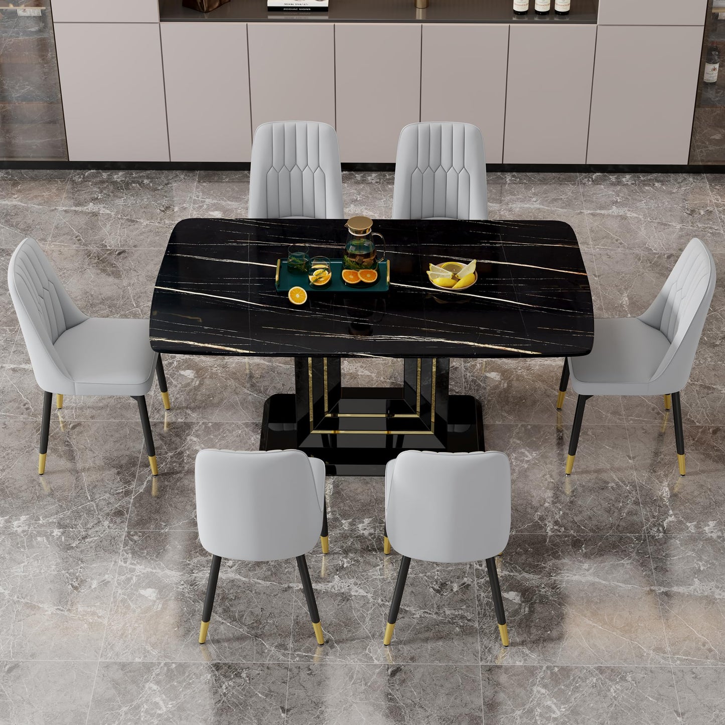 Dining Table Set for 6, White Faux Marble Pattern Table with 6 Modern Dining Chairs