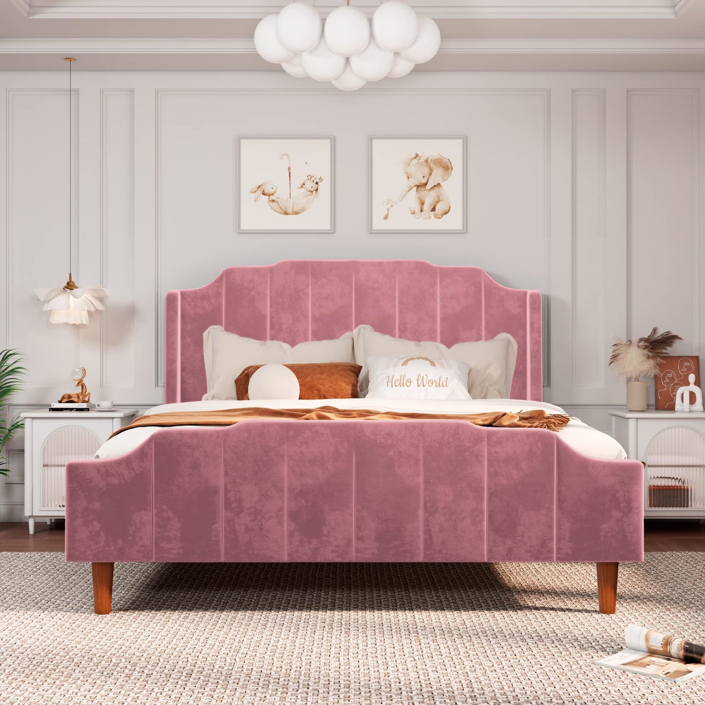 Velvet Upholstered Platform Bed with Vertical Headboard and Footboard