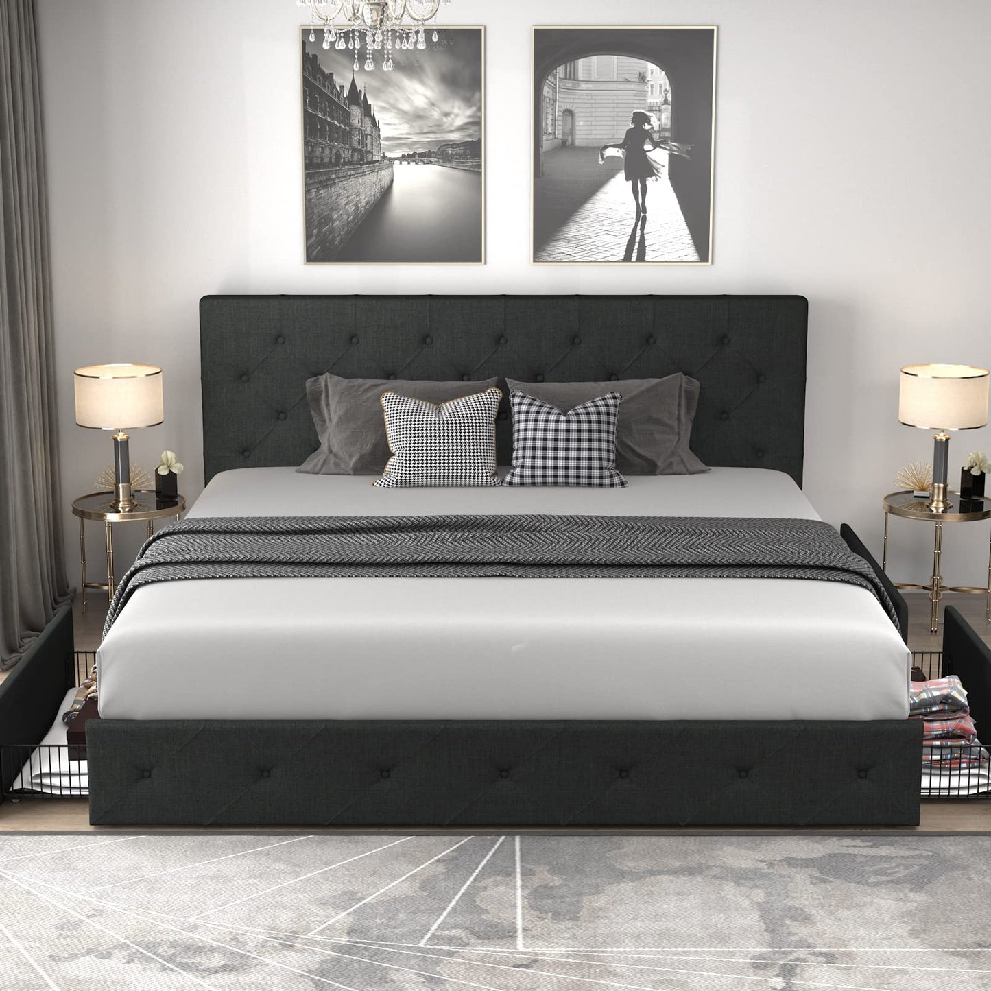 Upholstered Platform Bed Frame with 4 Storage Drawers and Headboard