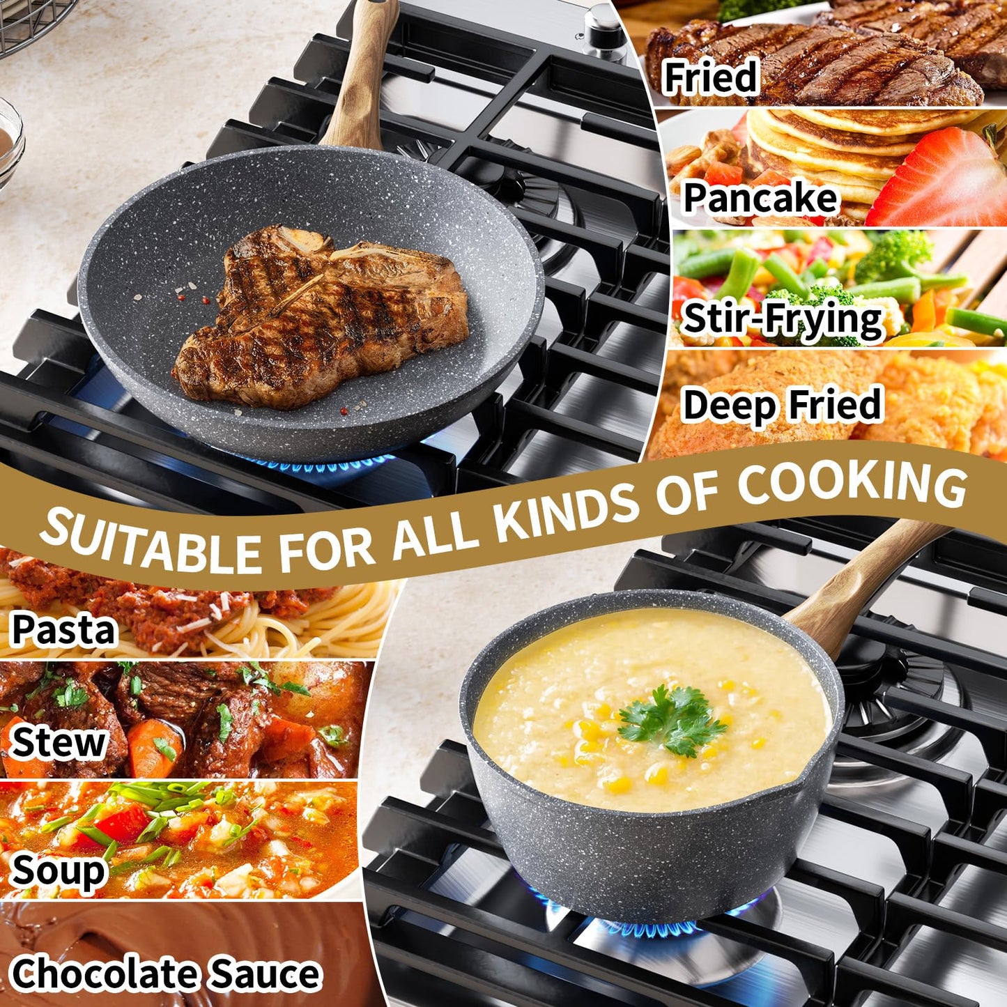 Nonstick Frying Pan Set, Non Stick Sauce Pan Set with Lid Gold Granite Pans