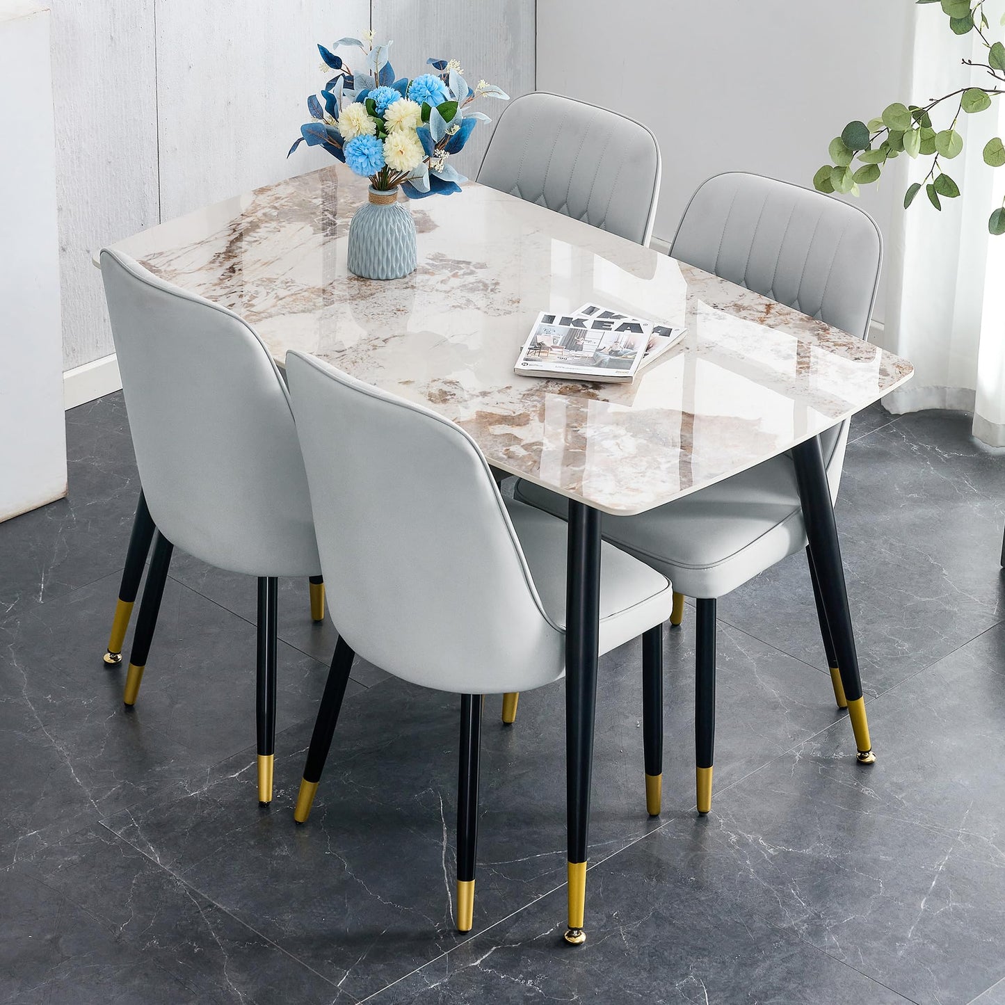 Dining Room Table Set for 4,Sintered Stone Kitchen Table Top and Modern Chairs