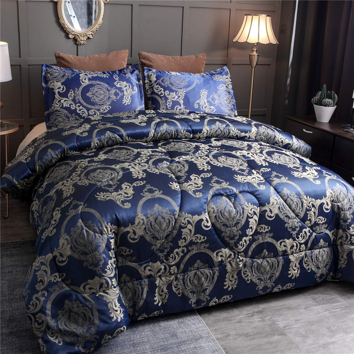 Comforter Set Satin Silk Blanket All Season Bed Luxury Royal Blue Jacquard