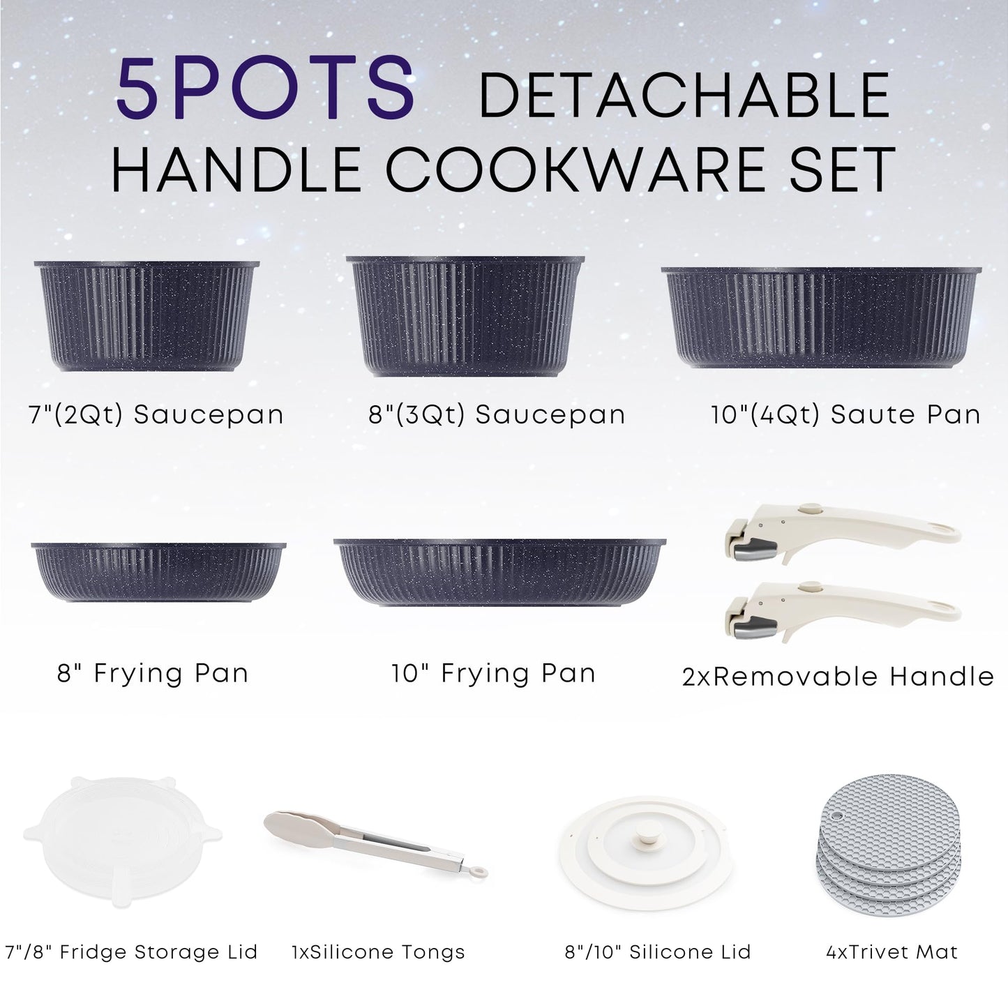 Pots and Pans Set Nonstick, Detachable Handle Cookware Sets, Stackable