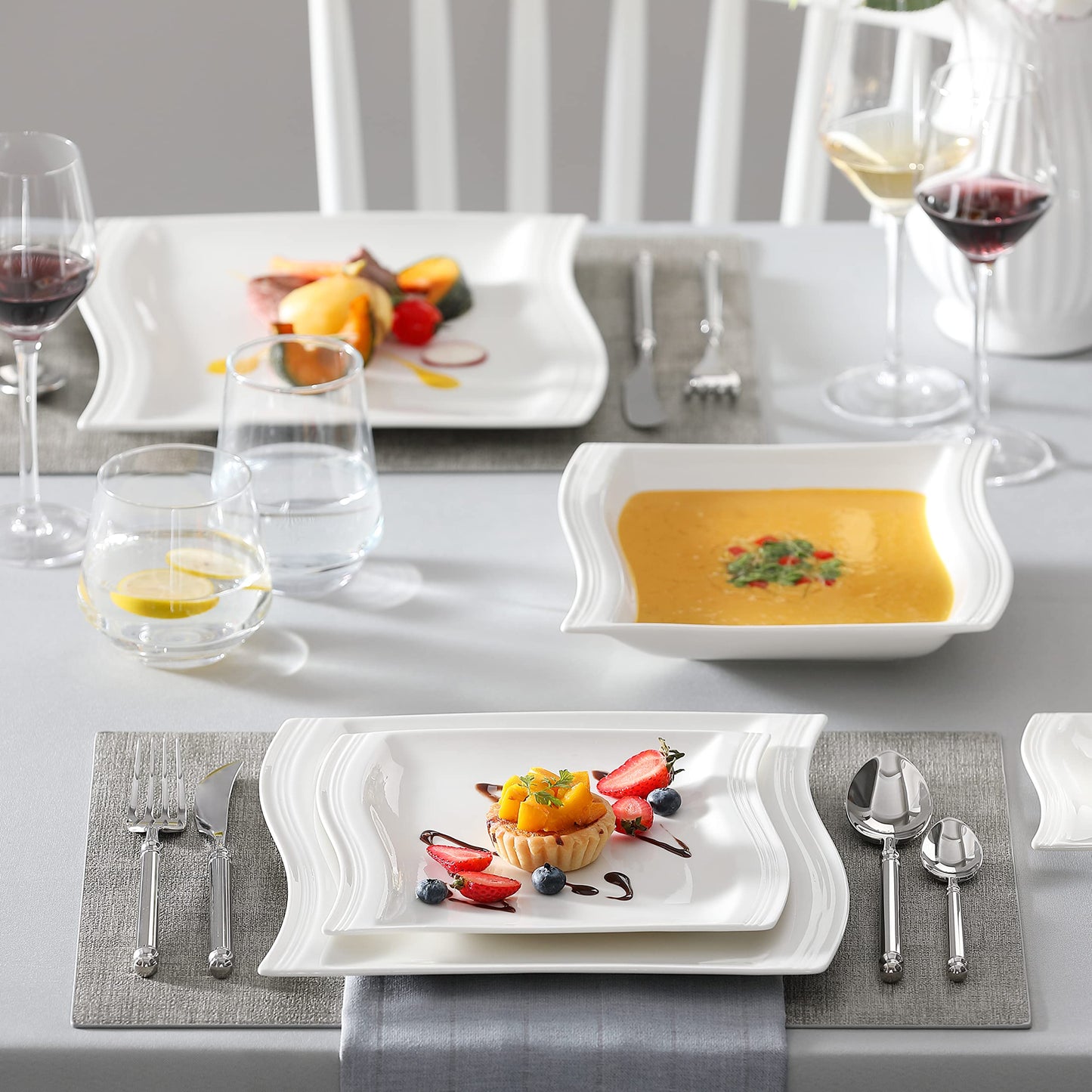 Dinnerware Sets, 12-Piece Porcelain Plates and Bowls Sets, Square Marble