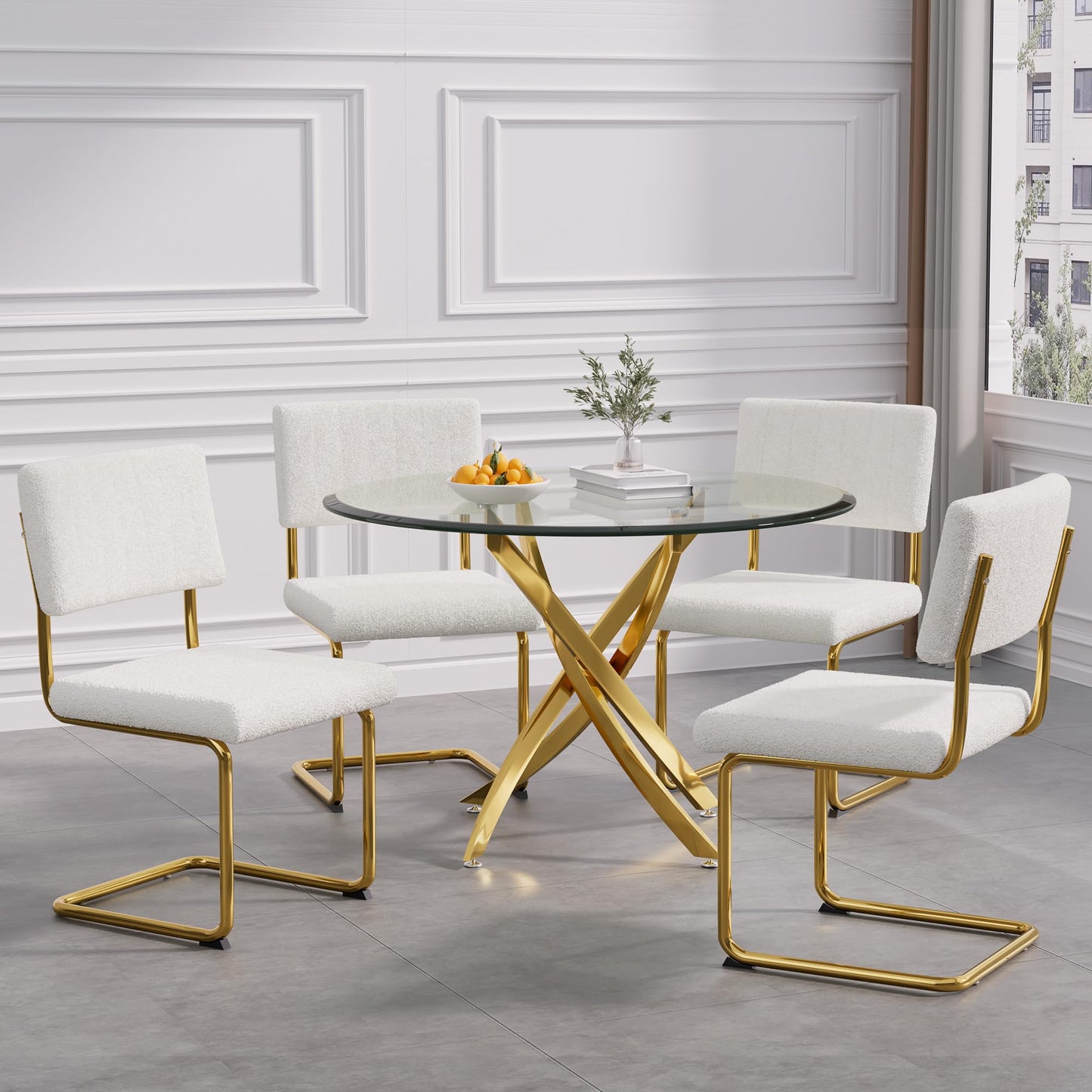 5 Piece Round Glass Dining Table Table Set, Round Glass with 4 PU Dining Chairs