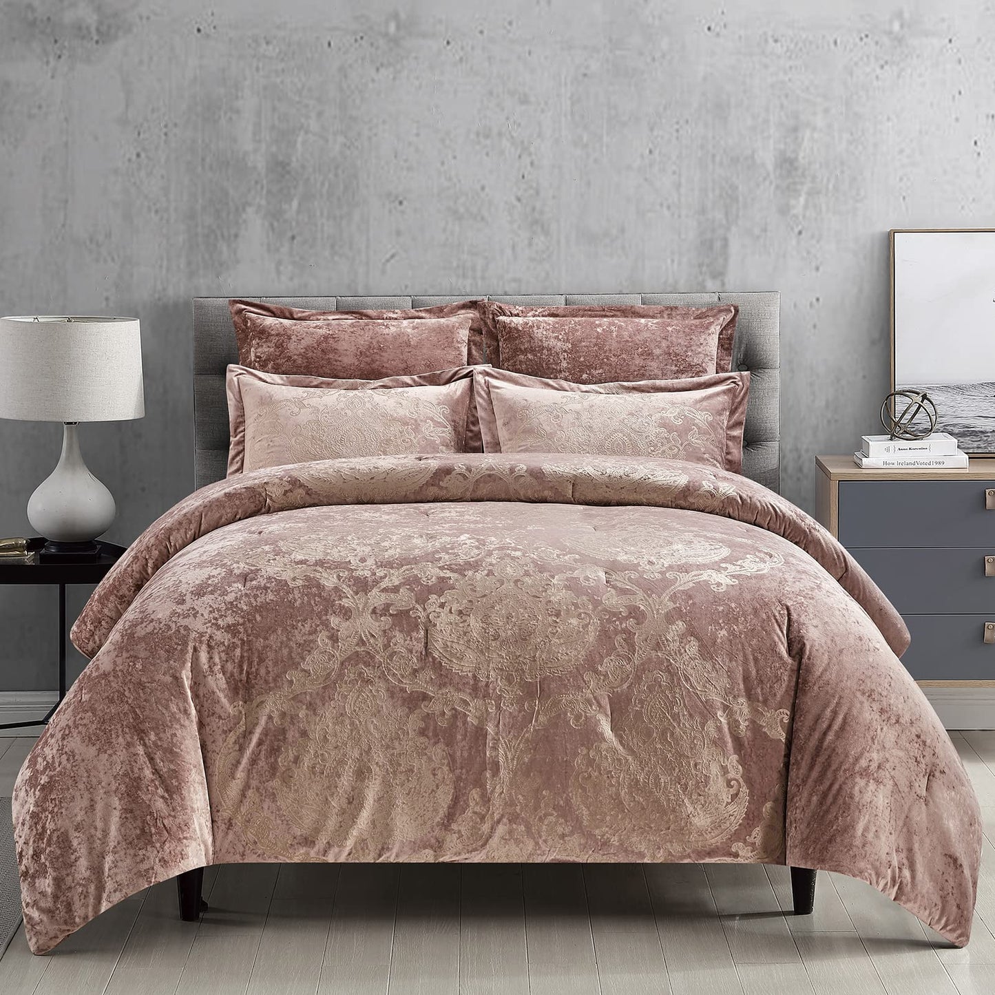 Metallic Print Comforter Set, Distressed Velvet Face with Metallic Print