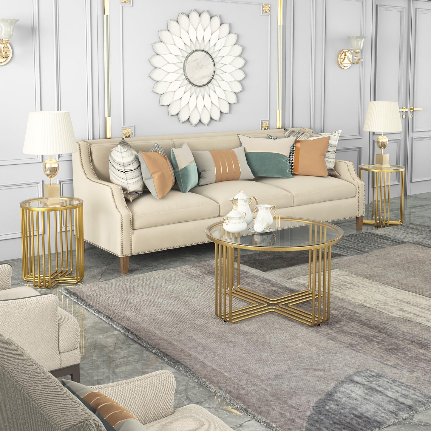 Coffee Tables for Living Room, Round Gold Glass Top Coffee Table