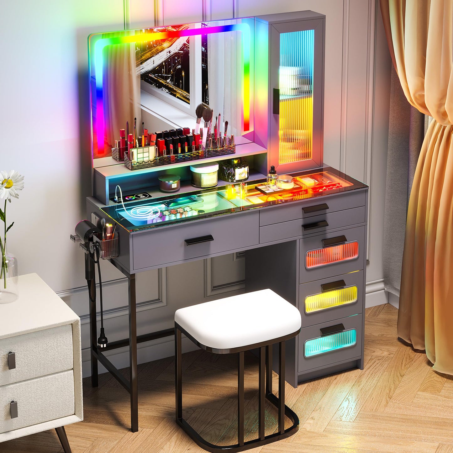 RGB LED Vanity Desk with Mirror and Lights, 39.5" Black Makeup Vanity Table