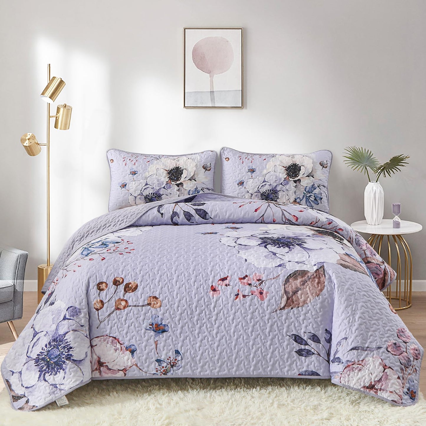 Purple Floral Quilt Set Queen Size, 3 Pieces Botanical Flower Printed