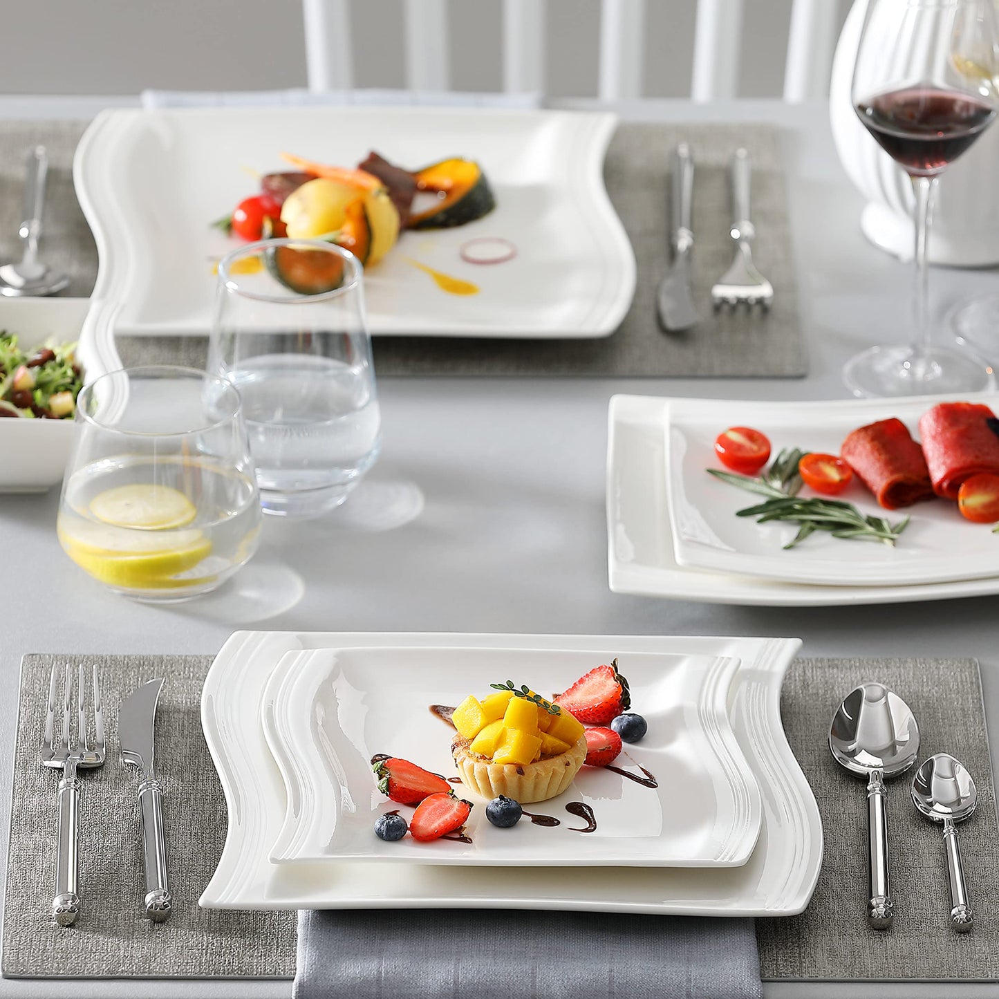 Dinnerware Sets, 12-Piece Porcelain Plates and Bowls Sets, Square Marble