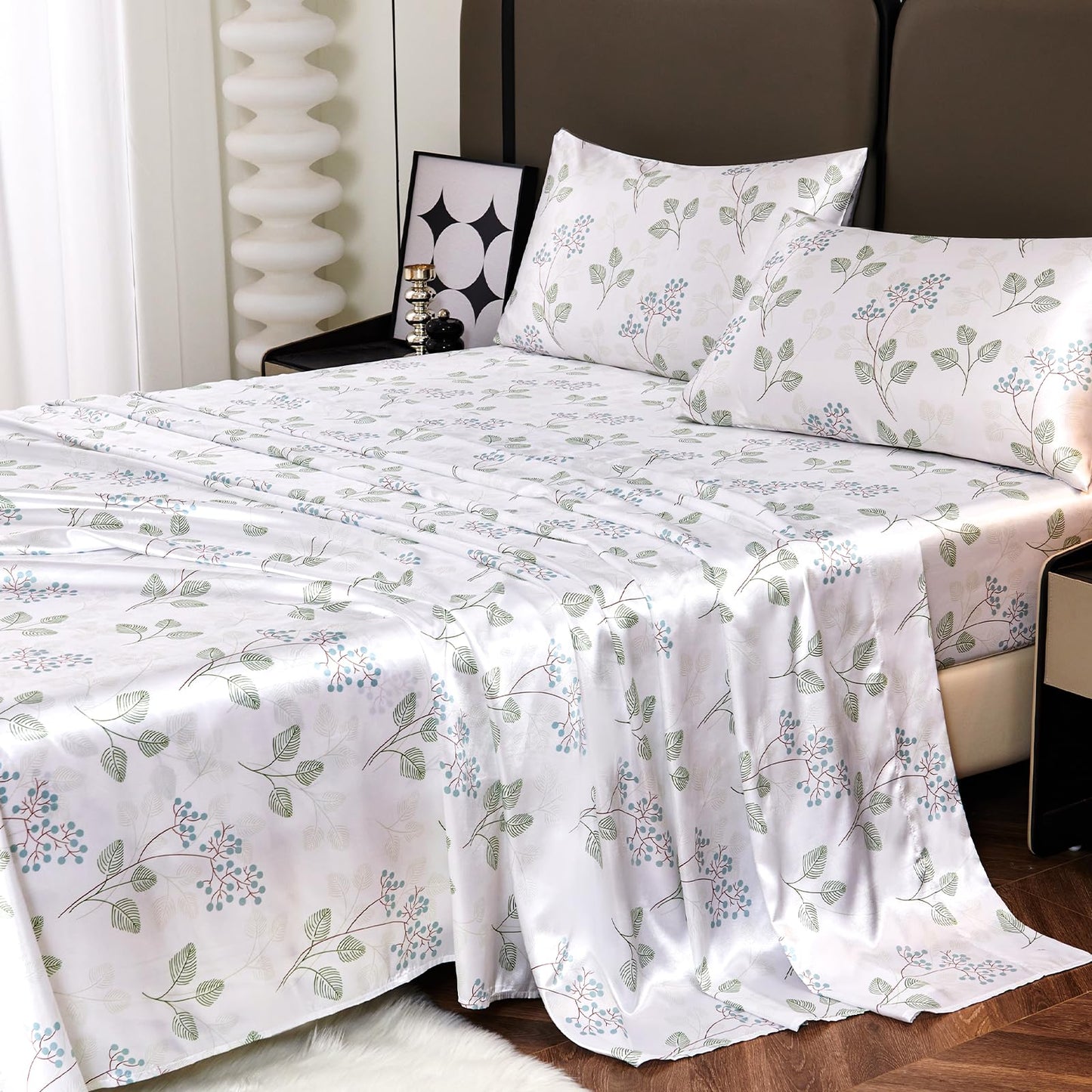 Floral Print - Luxurious Silky Feel Queen Sheet Set - Elegant Smooth Satin Bed Sheets