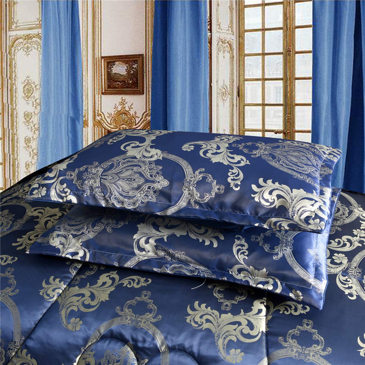 Comforter Set Satin Silk Blanket All Season Bed Luxury Royal Blue Jacquard