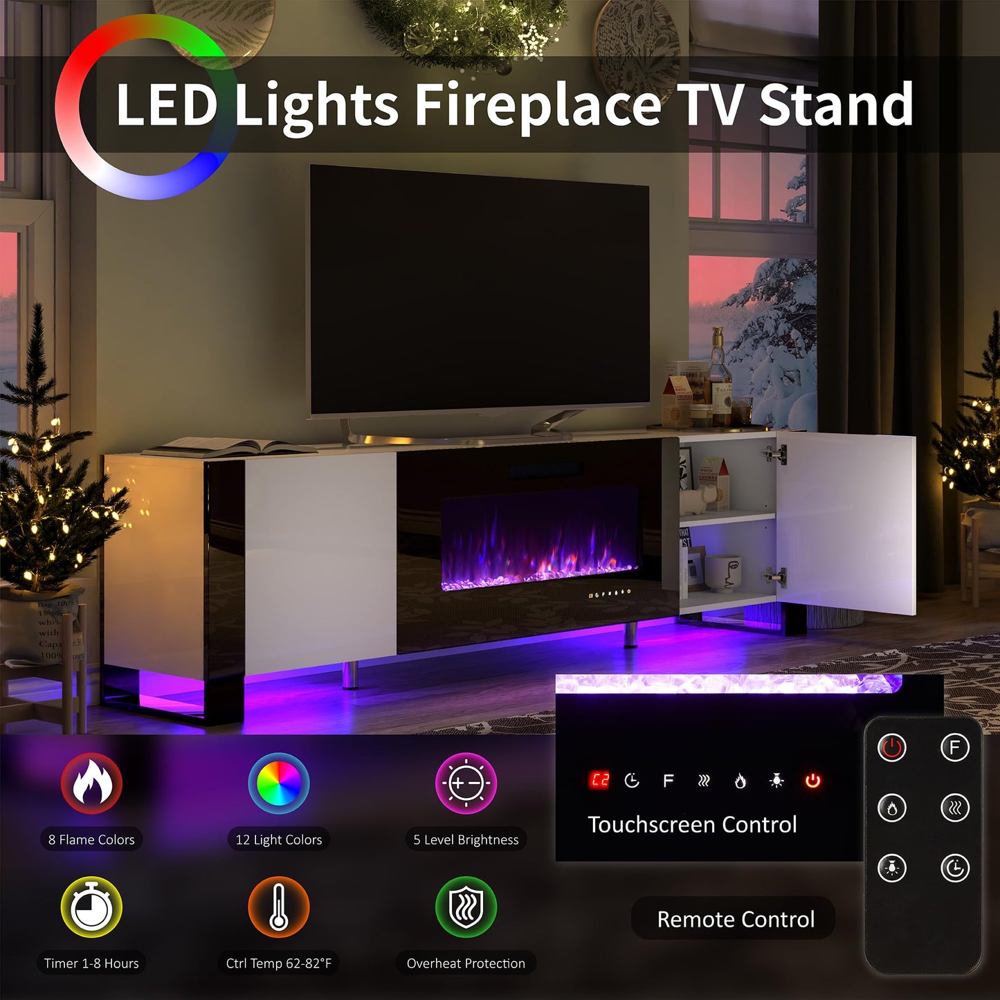 70" Fireplace TV Stand with 36" Electric Fireplace, High Gloss with LED Lights