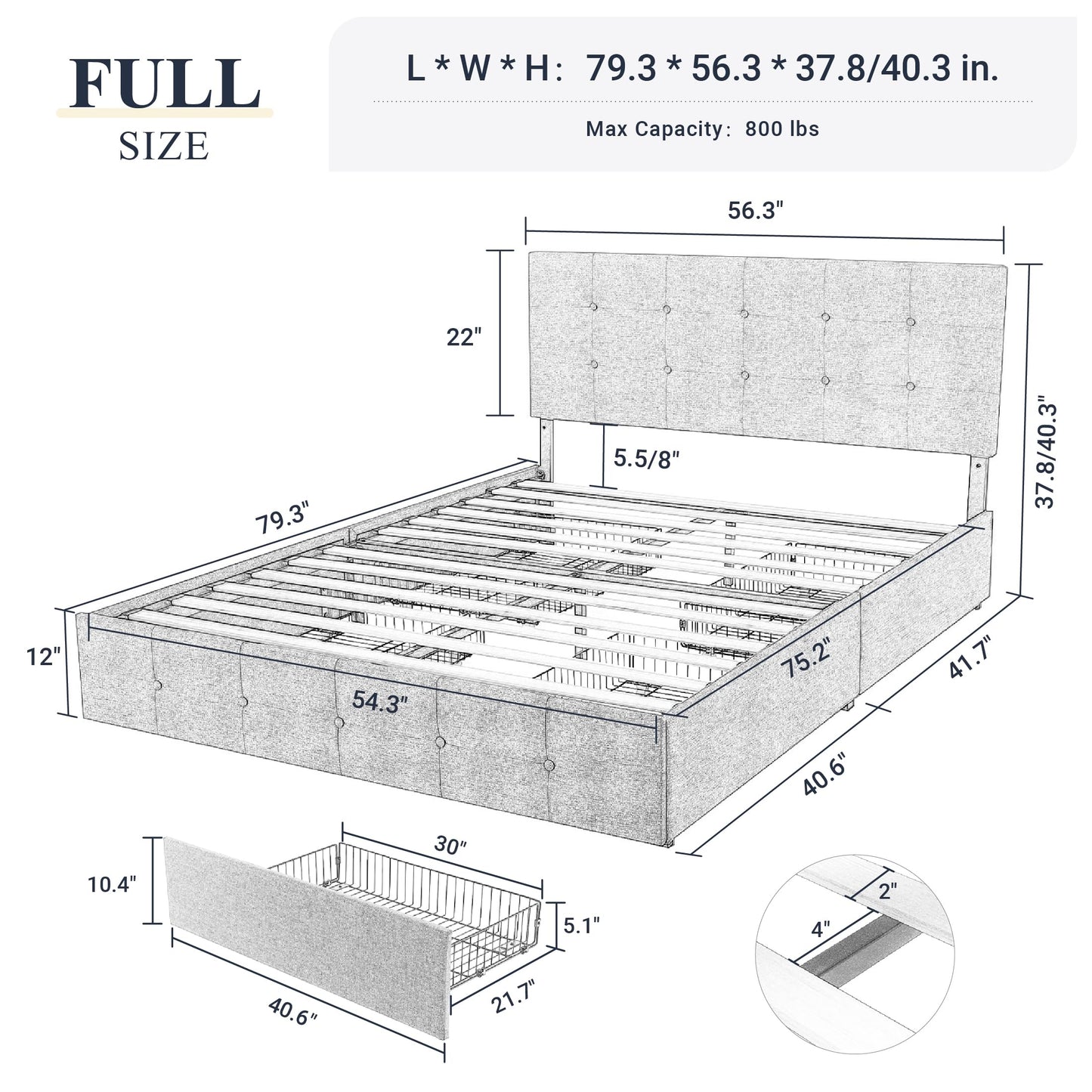 Upholstered Platform Bed Frame with 4 Storage Drawers and Headboard