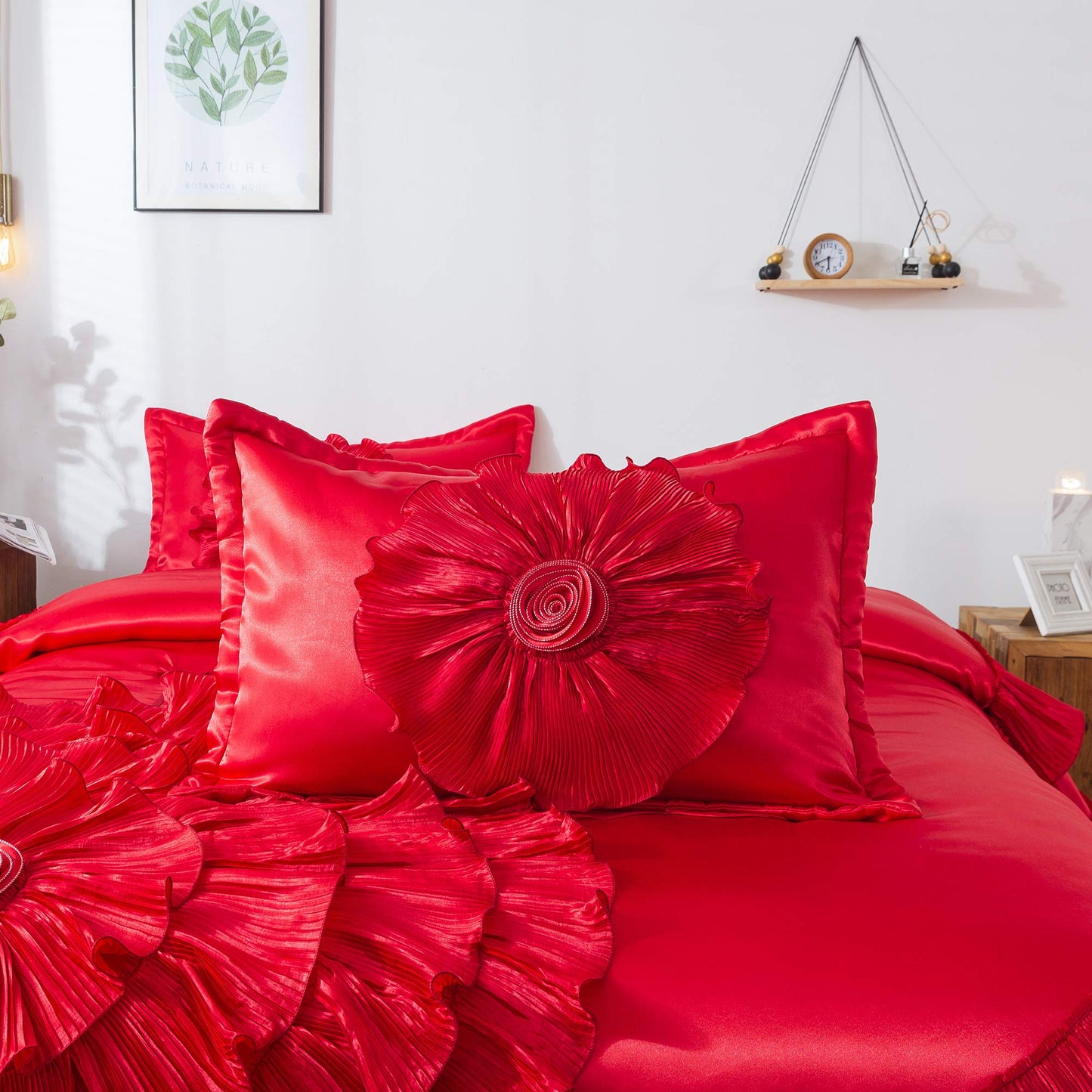 Solid Bright Red Satin Bedding Ruffle Comforter Queen Comforter Set Red