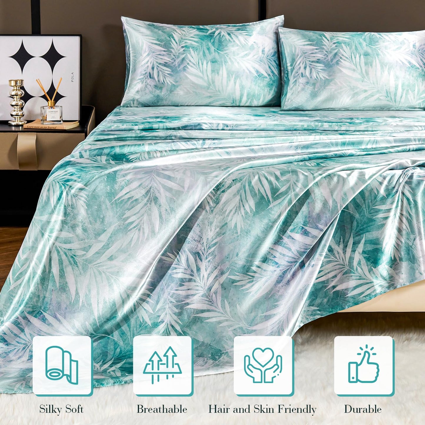 Floral Print - Luxurious Silky Feel Queen Sheet Set - Elegant Smooth Satin Bed Sheets