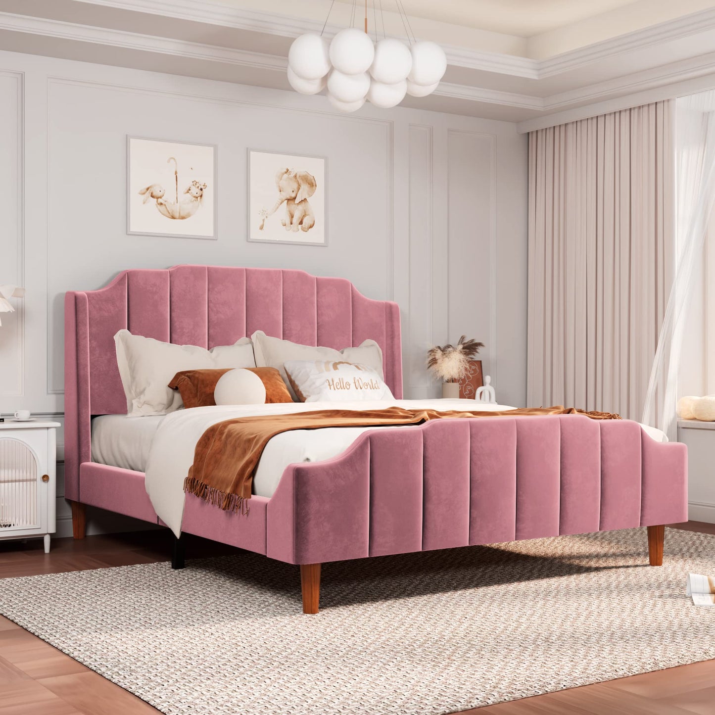 Velvet Upholstered Platform Bed with Vertical Headboard and Footboard