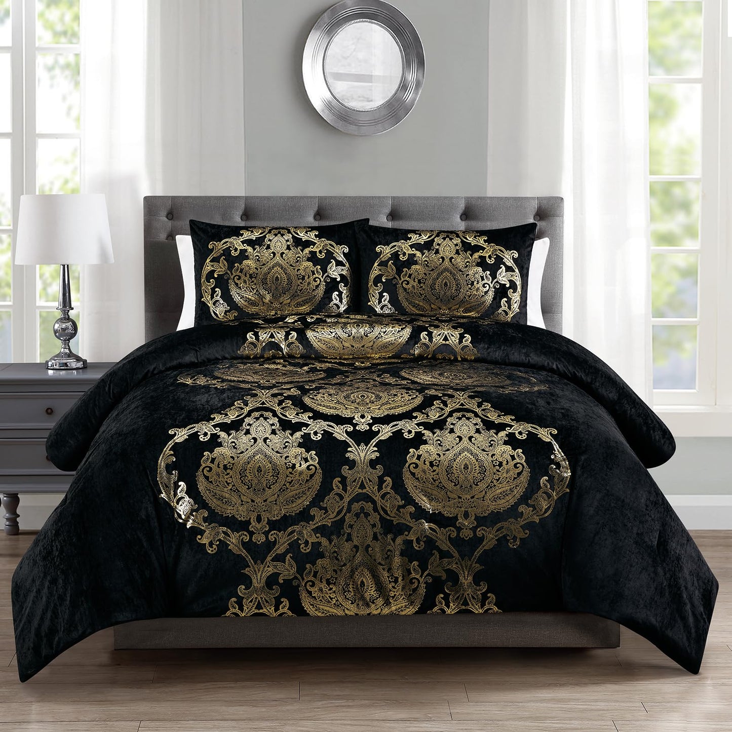 Metallic Print Comforter Set, Distressed Velvet Face with Metallic Print