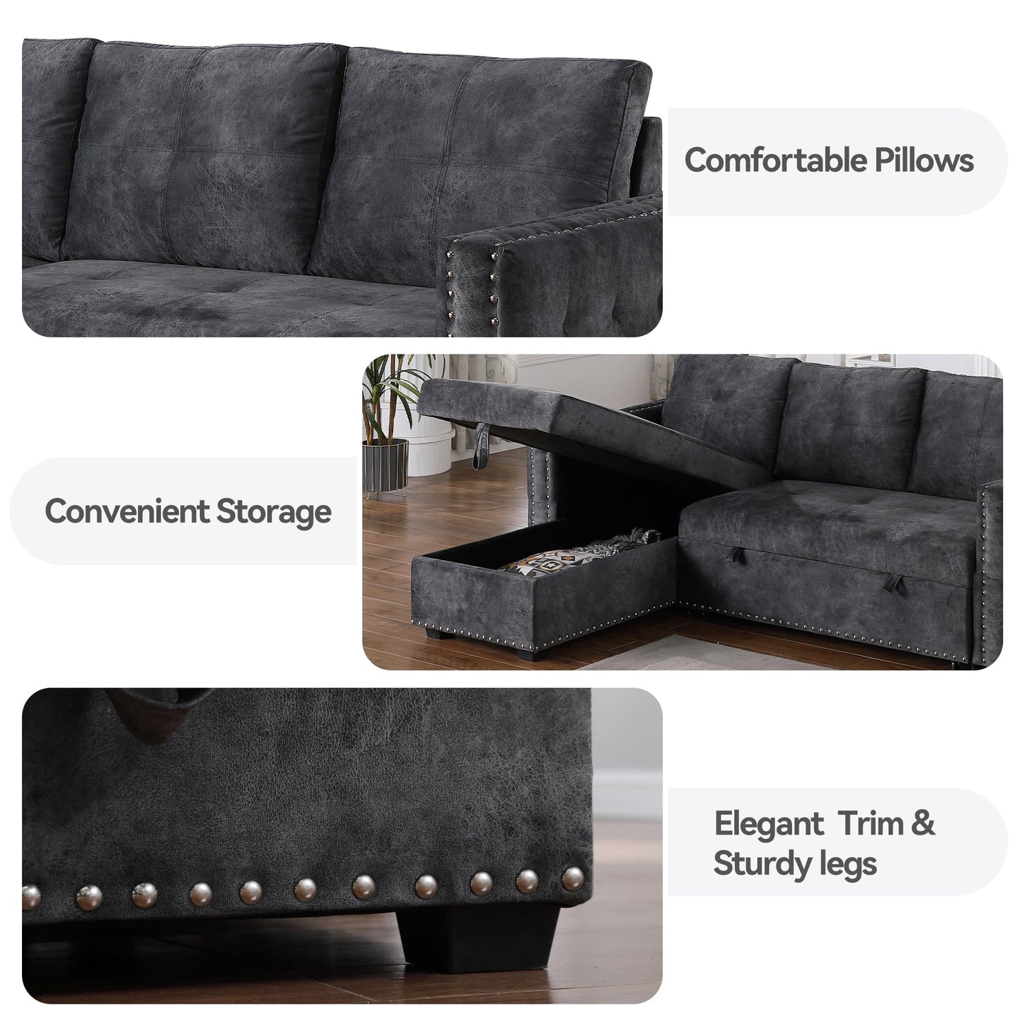 Reversible Sectional Comfy Sleeper Sofa with Pull Out Bed Storage Oversized 91 inches