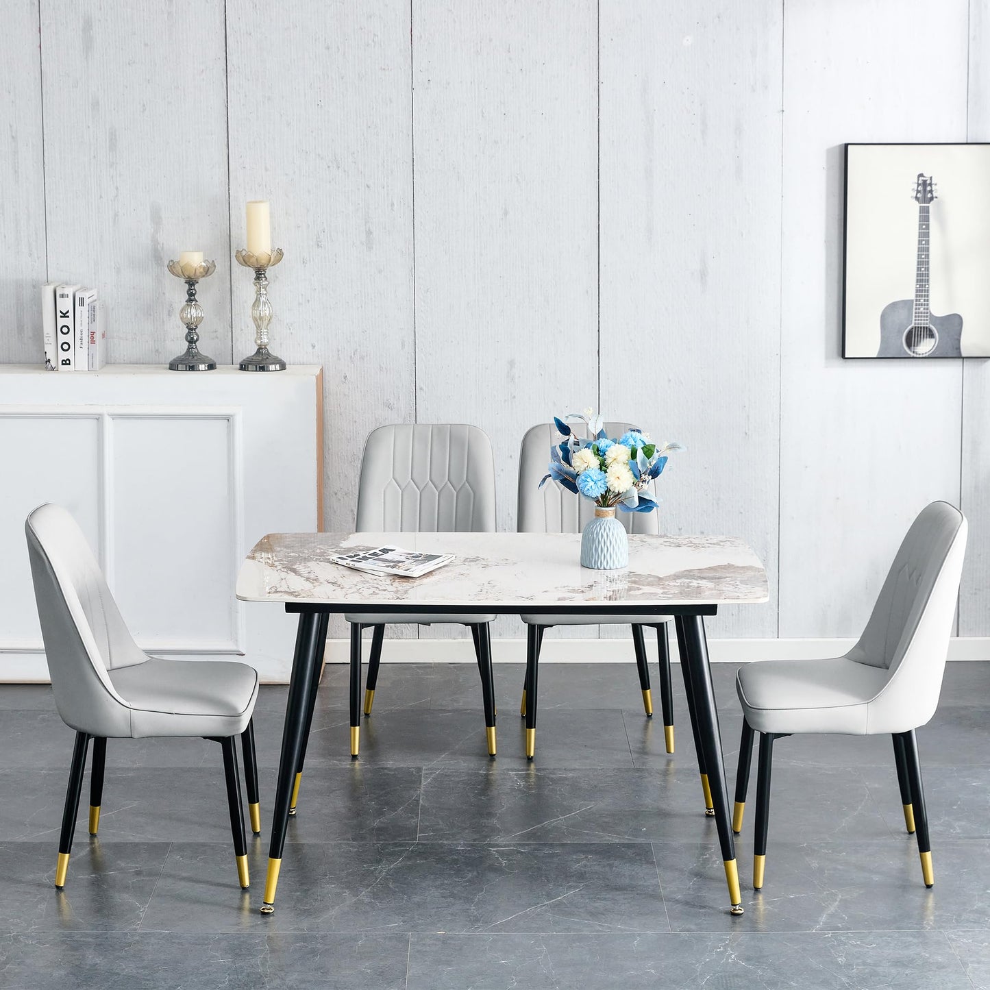 Dining Room Table Set for 4,Sintered Stone Kitchen Table Top and Modern Chairs