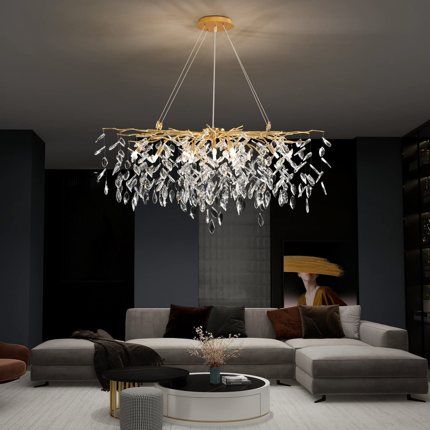 Modern Crystal Tree Branches Chandelier Gold Round Raindrop