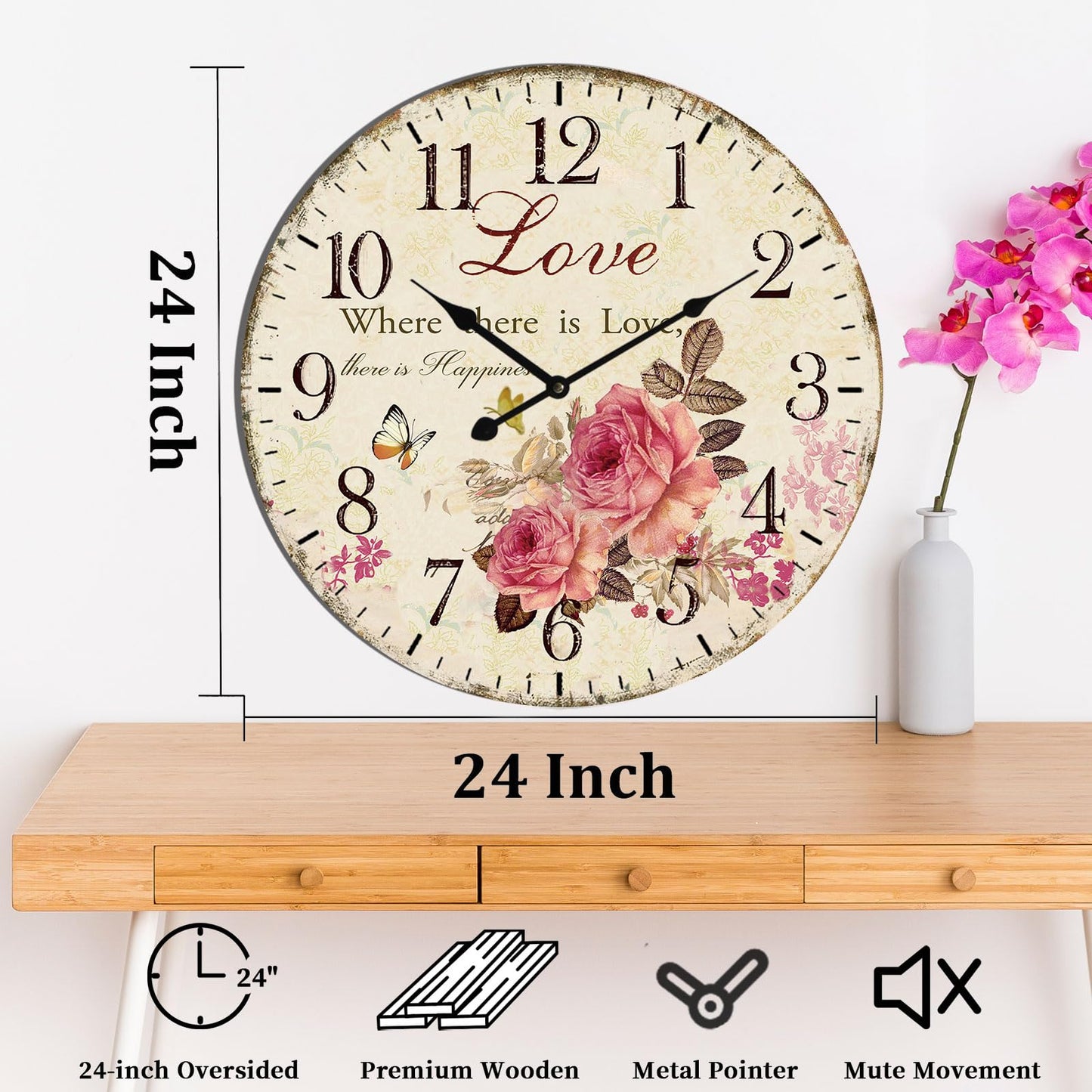 24 Inch Love Rose Vintage Wall Clock Large Farmhouse Clocks French Clocks