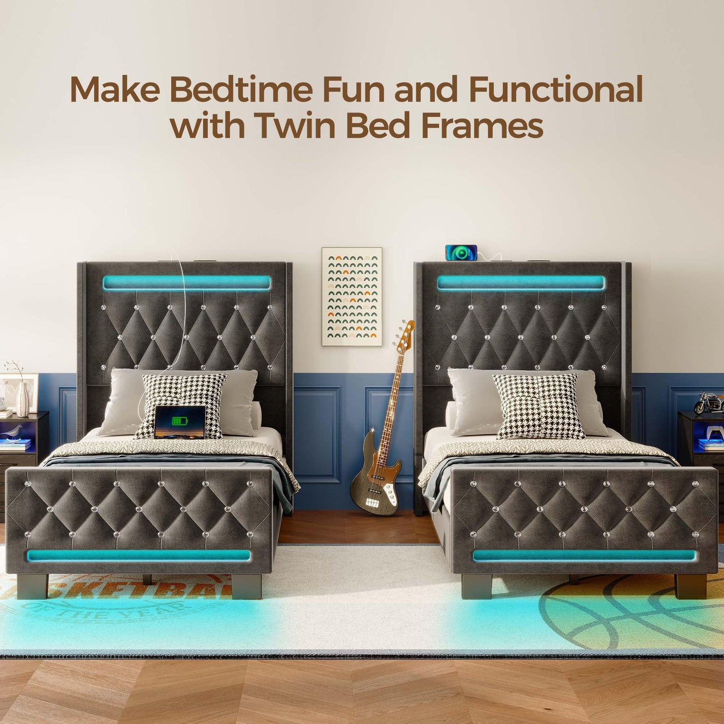 LED Light and Charging Station, Upholstered High Headboard and Footboard