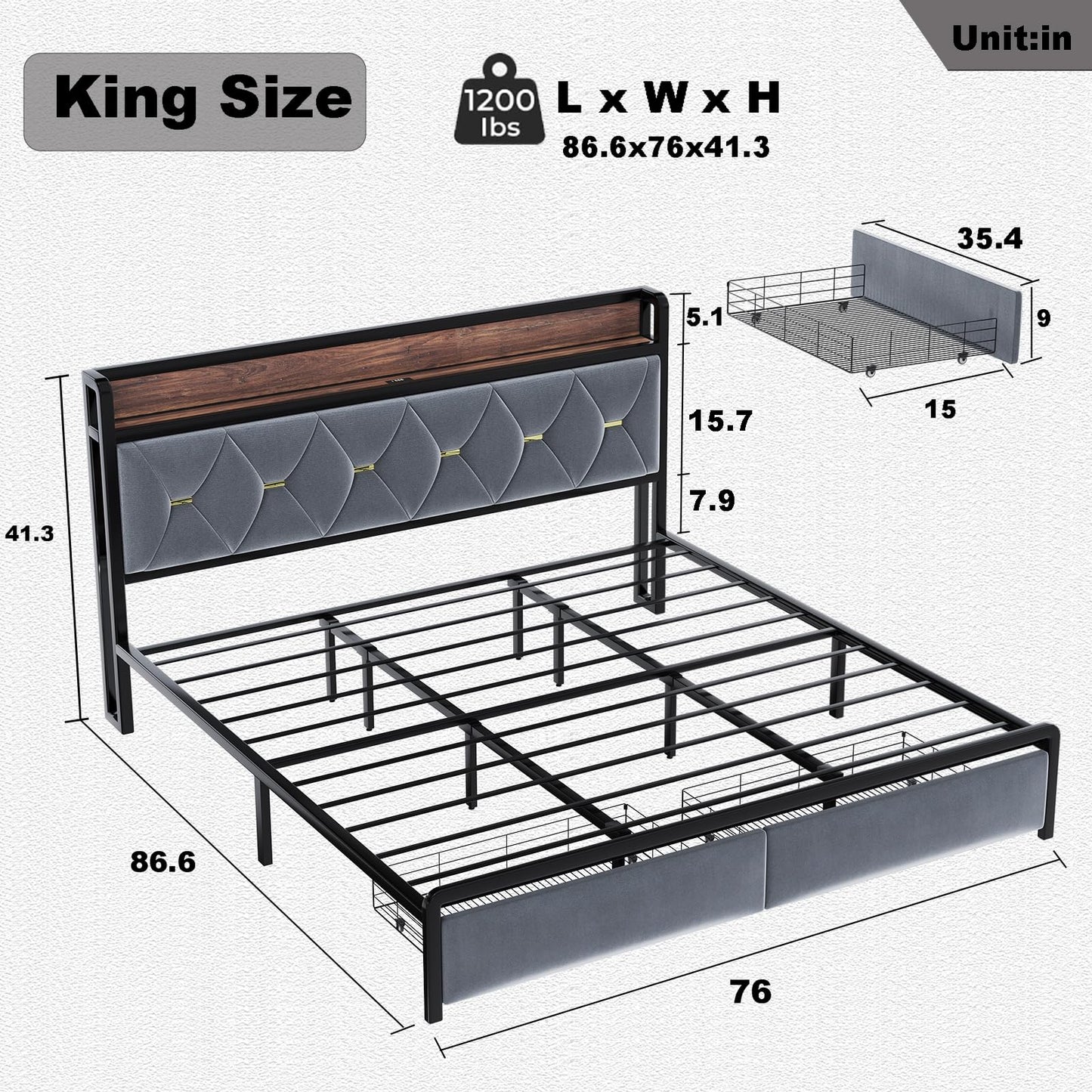 Led King Platform Bed Frame with Faux Leather Storage Headboard