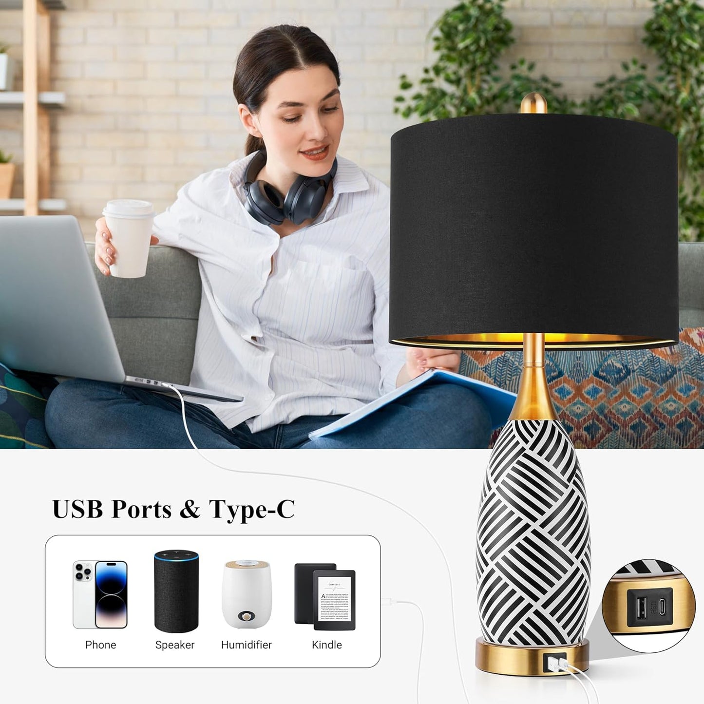 25.5" Touch Control Black and Gold Lamp,3-Way Dimmable