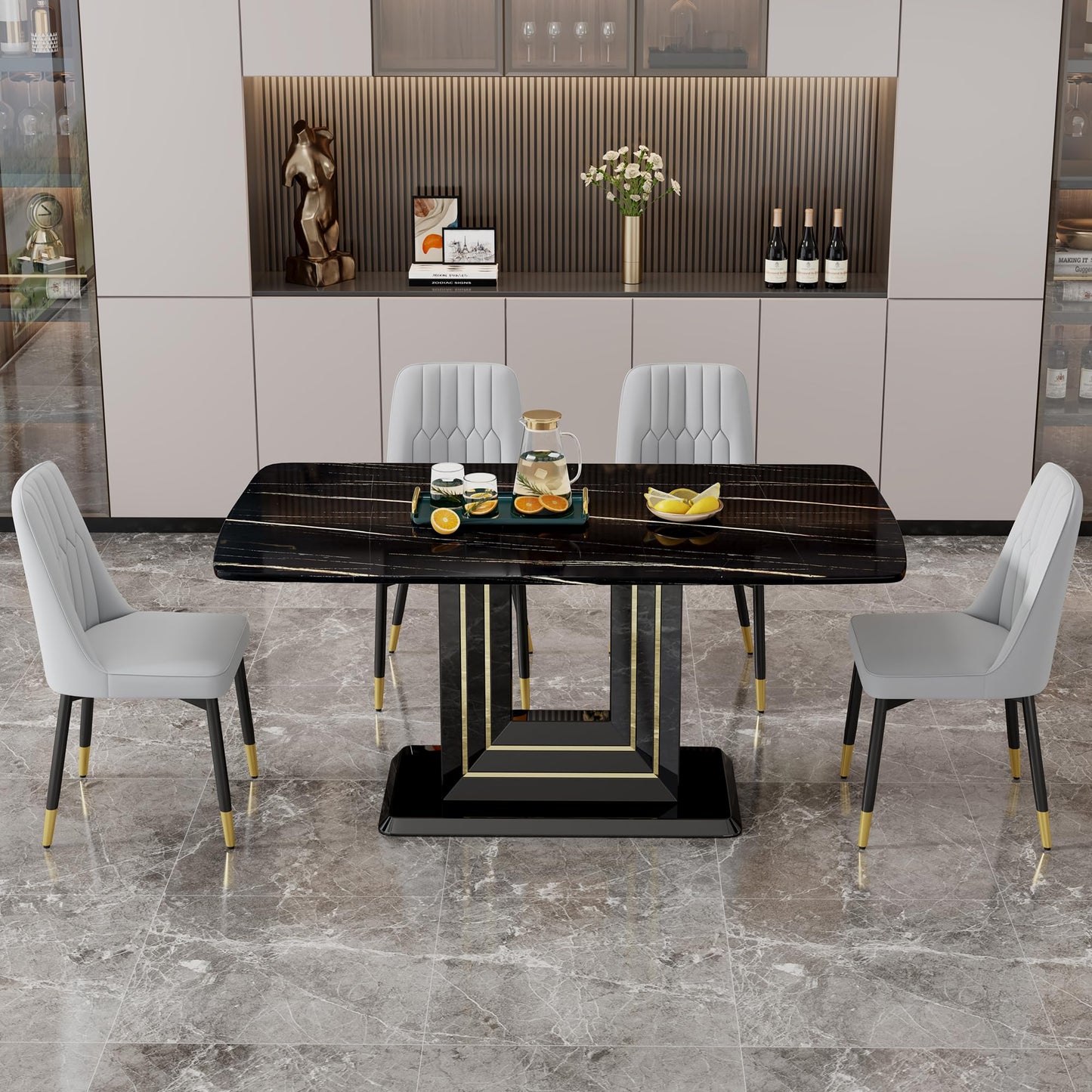 Dining Table Set for 6, White Faux Marble Pattern Table with 6 Modern Dining Chairs