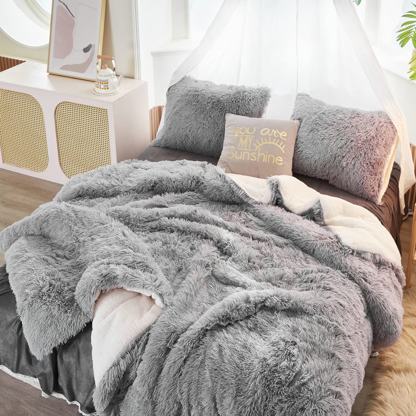 Gray Faux Fur Comforter Set Full/Queen 3 Pieces Bedding Set