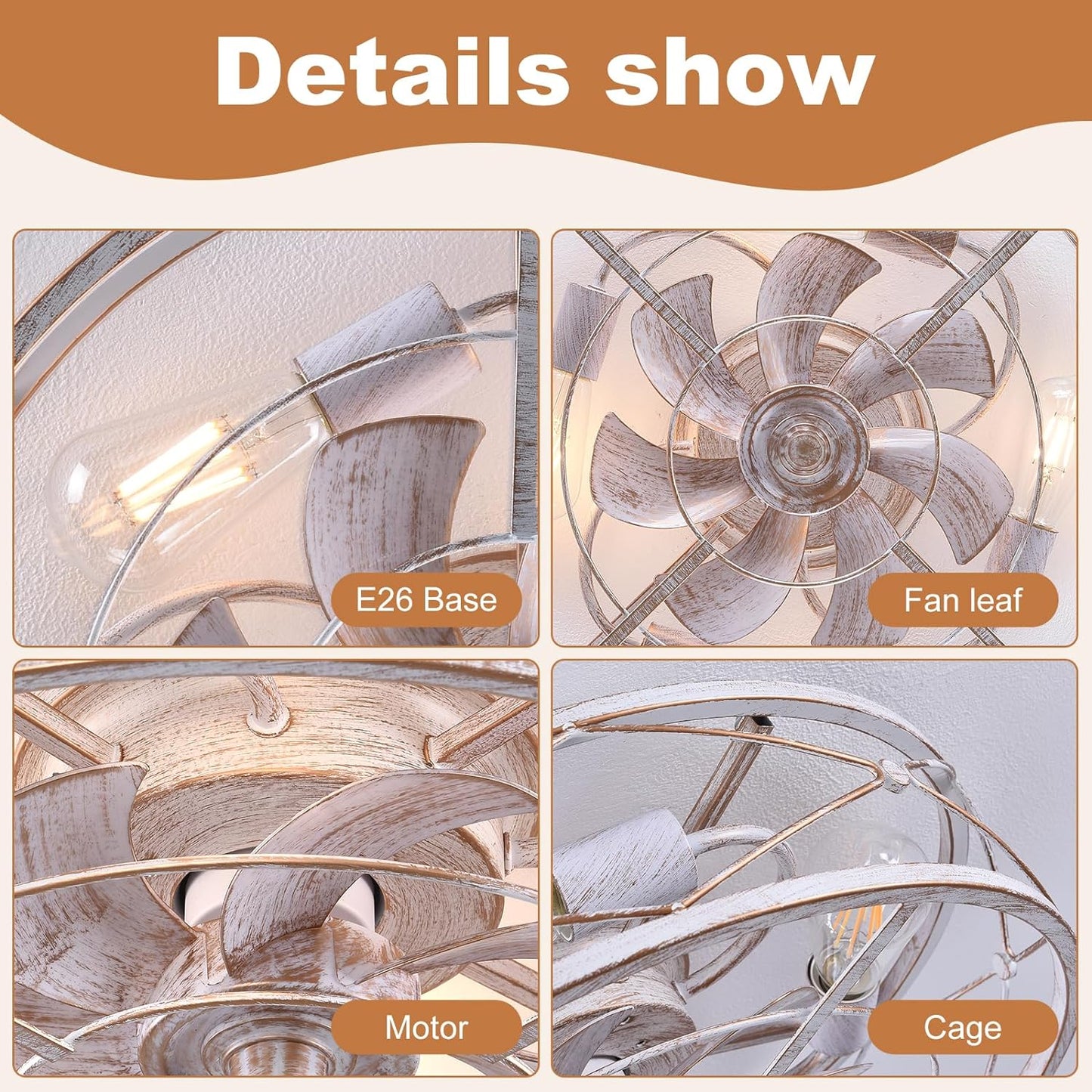 Caged Ceiling Fans with Lights and Remote, 20 Inch Flush Mount Fan