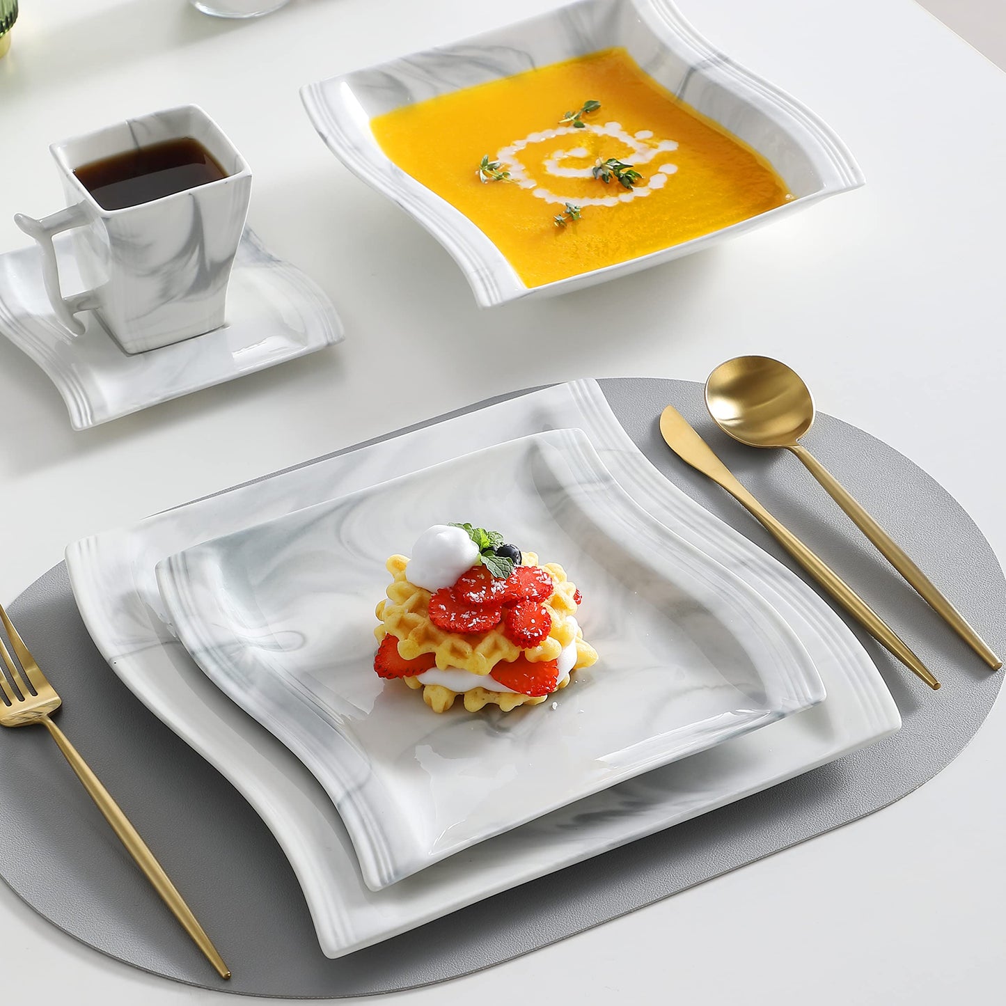 Dinnerware Sets, 12-Piece Porcelain Plates and Bowls Sets, Square Marble