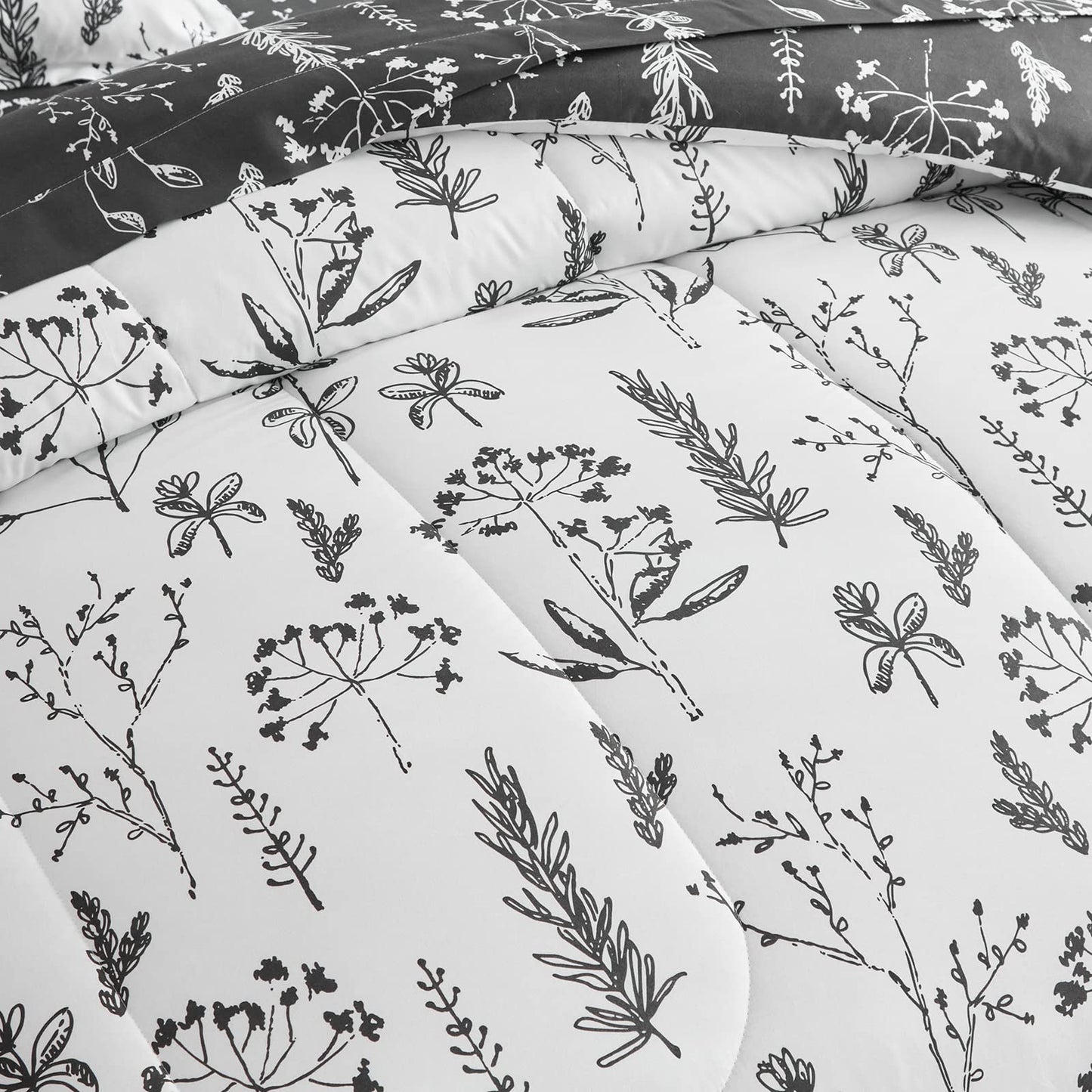 Flower Comforter Sheet Set Gray Bed in a Bag 7 Pieces Queen Size