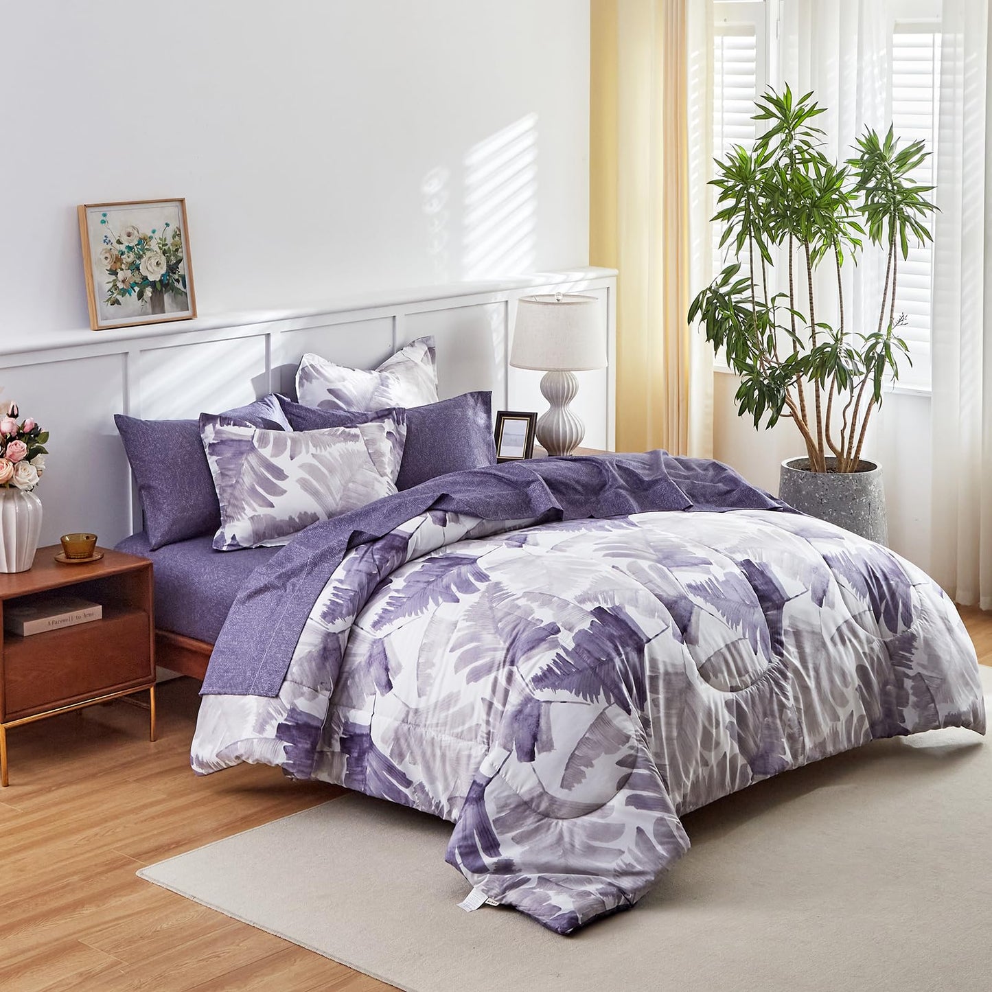 Purple Leaves Bed in a Bag 7 Pieces Floral White Comforter Sheet Set