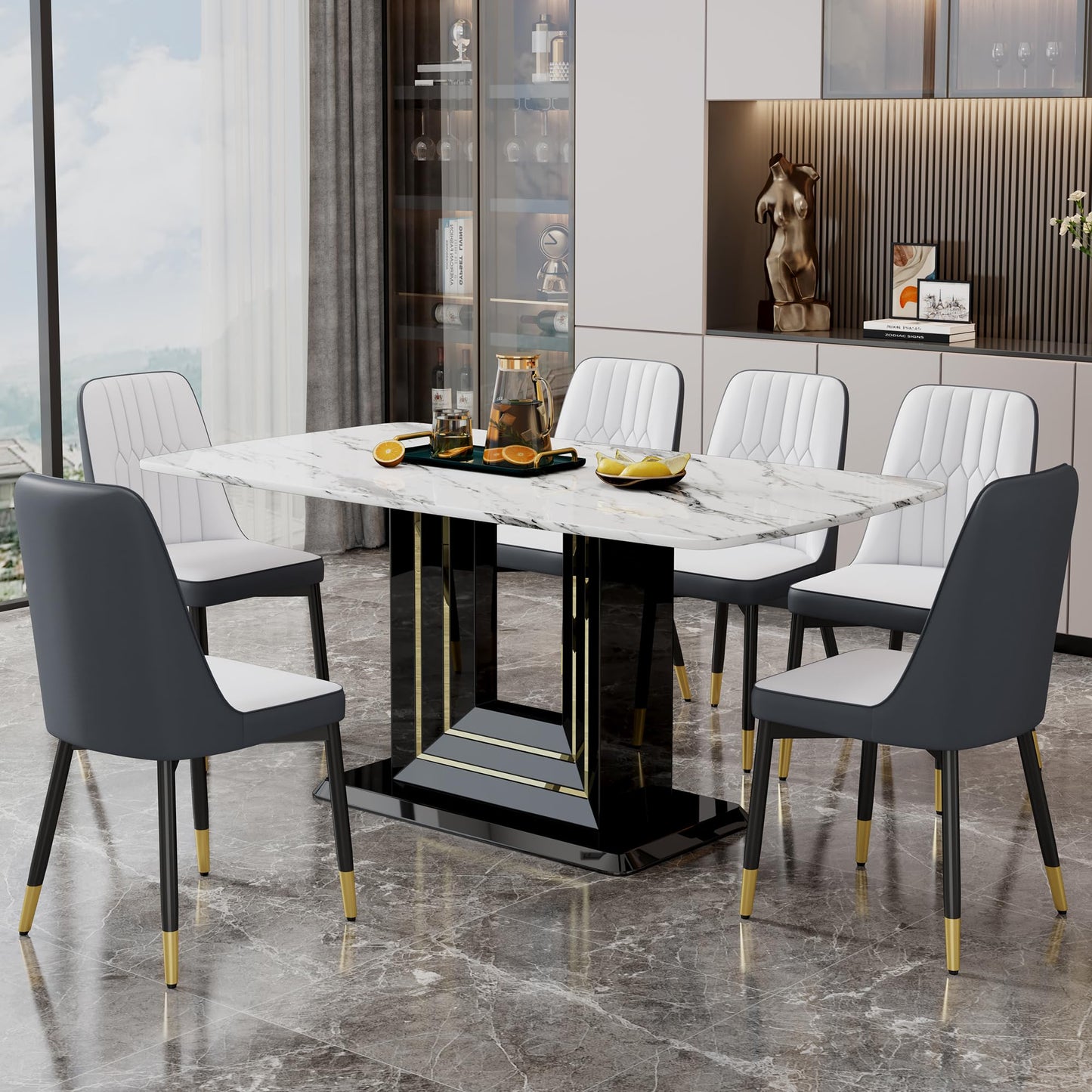 Dining Table Set for 6, White Faux Marble Pattern Table with 6 Modern Dining Chairs