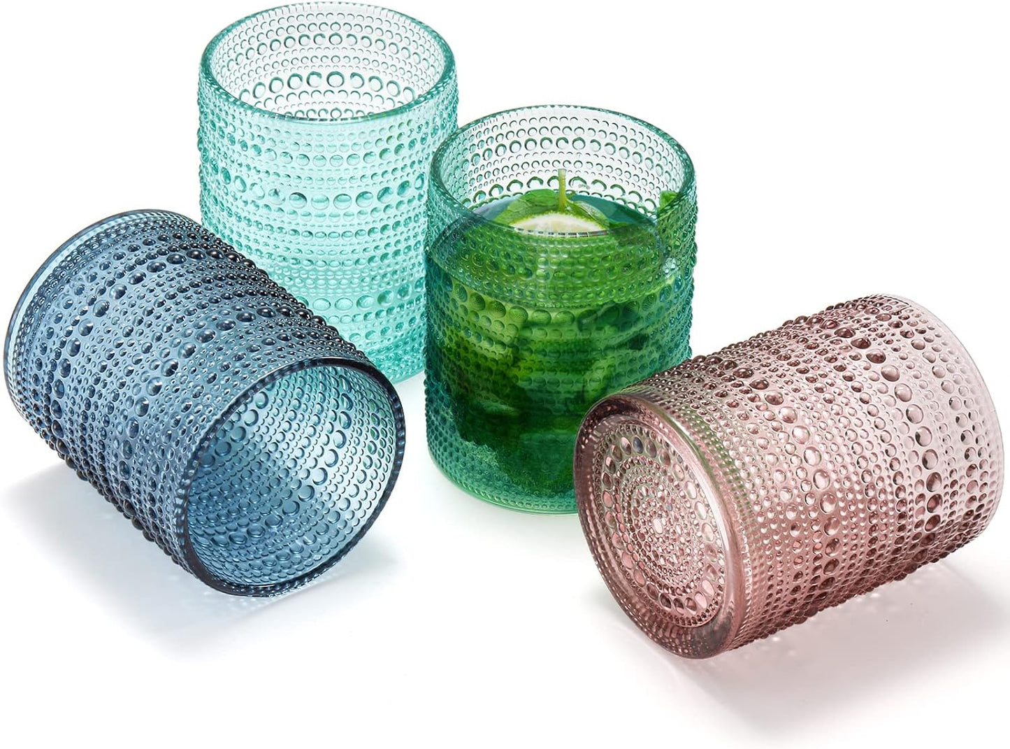 6 Pack 12 Oz Romantic Water Glasses, Colored Hobnail Glasses