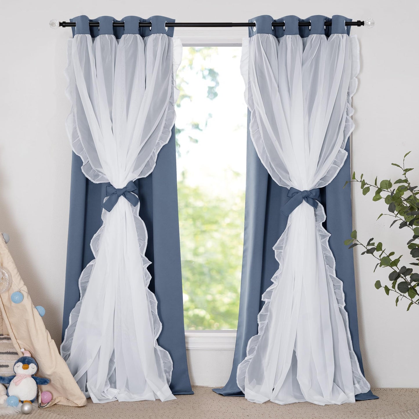 Blackout Window Treatment Double Layer Drapes Ruffle Sheer Overlay 2 Panels