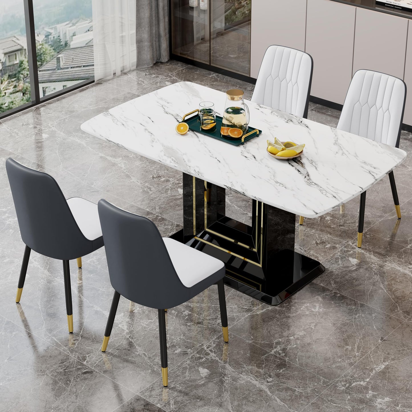 Dining Table Set for 6, White Faux Marble Pattern Table with 6 Modern Dining Chairs