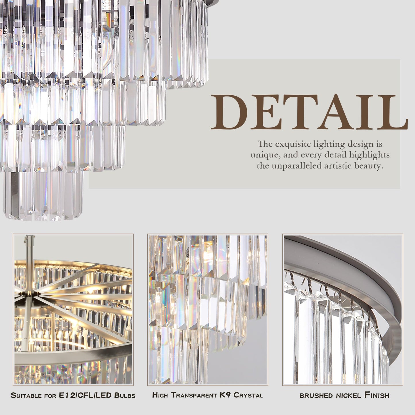 Luxury Smoke Crystal Chrome Chandelier, 8 Lights Pendant