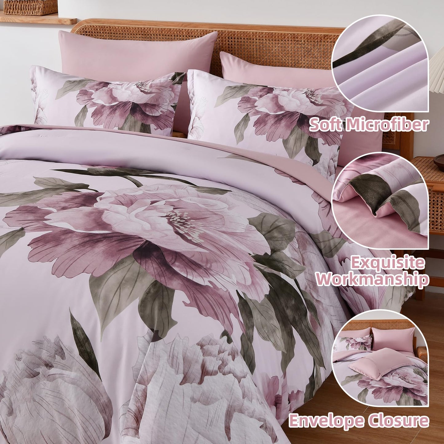 Black Queen Comforter Set 7 Piece Bed in a Bag, Pink Floral Printed