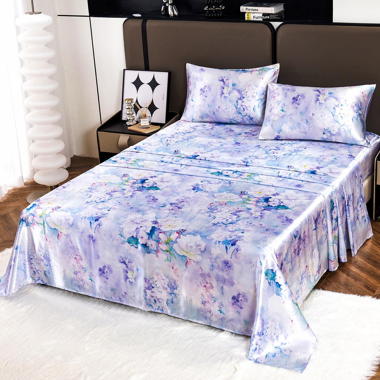 Floral Print - Luxurious Silky Feel Queen Sheet Set - Elegant Smooth Satin Bed Sheets