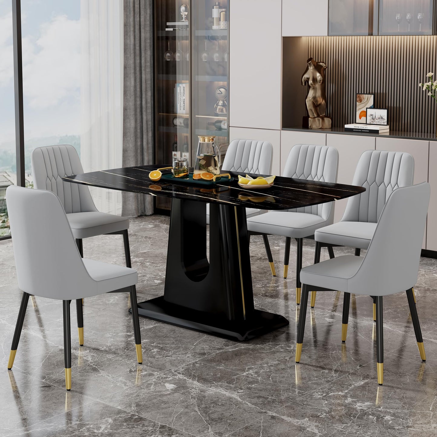 Dining Table Set for 6, White Faux Marble Pattern Table with 6 Modern Dining Chairs