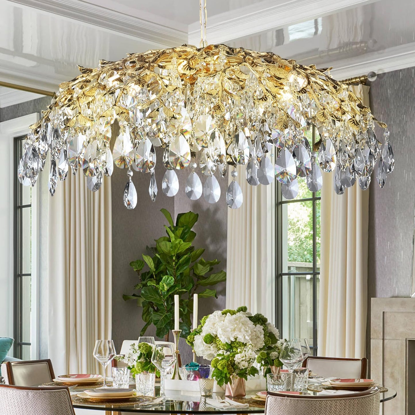 Modern Crystal Chandelier, Gold Pendant Flower Hanging Lighting