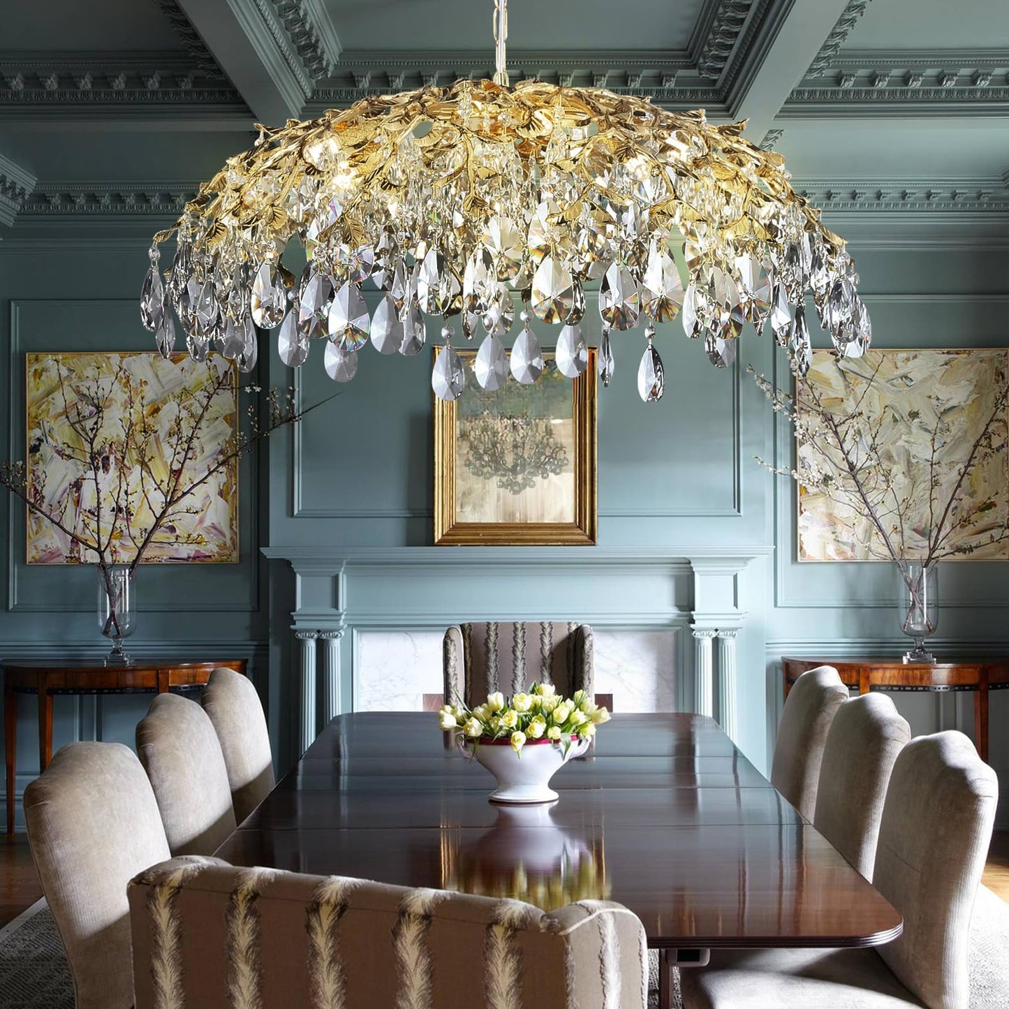 Modern Crystal Chandelier, Gold Pendant Flower Hanging Lighting