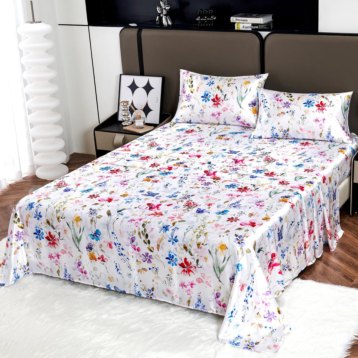 Floral Print - Luxurious Silky Feel Queen Sheet Set - Elegant Smooth Satin Bed Sheets